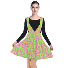 Pink Flower Background Green Pattern Plunge Pinafore Dress by Ravend