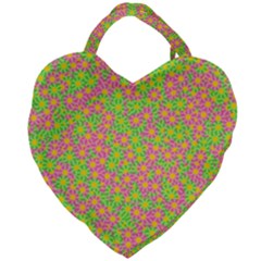 Pink Flower Background Green Pattern Giant Heart Shaped Tote by Ravend