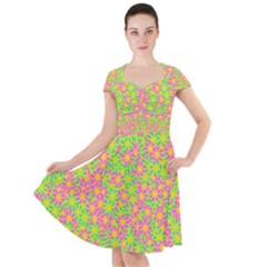 Pink Flower Background Green Pattern Cap Sleeve Midi Dress by Ravend