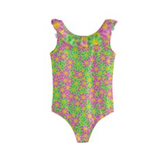 Pink Flower Background Green Pattern Kids  Frill Swimsuit by Ravend