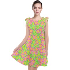 Pink Flower Background Green Pattern Tie Up Tunic Dress by Ravend