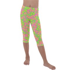 Pink Flower Background Green Pattern Kids  Lightweight Velour Capri Leggings  by Ravend