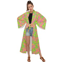 Pink Flower Background Green Pattern Maxi Kimono by Ravend