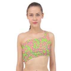 Pink Flower Background Green Pattern Spliced Up Bikini Top  by Ravend