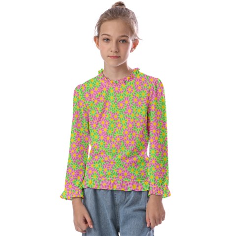 Pink Flower Background Green Pattern Kids  Frill Detail T-shirt by Ravend