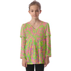 Pink Flower Background Green Pattern Kids  V Neck Casual Top by Ravend