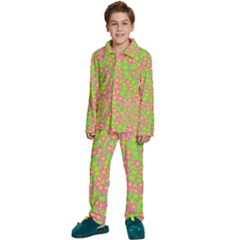 Pink Flower Background Green Pattern Kids  Long Sleeve Velvet Pajamas Set by Ravend