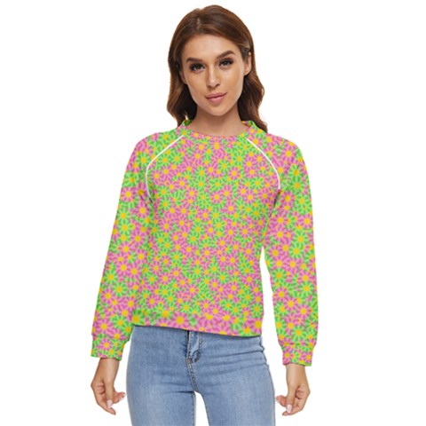 Pink Flower Background Green Pattern Women s Long Sleeve Raglan T-shirt by Ravend