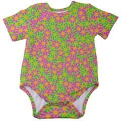 Pink Flower Background Green Pattern Baby Short Sleeve Bodysuit by Ravend