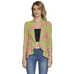 Pink Flower Background Green Pattern Women s 3/4 Sleeve Ruffle Edge Open Front Jacket by Ravend