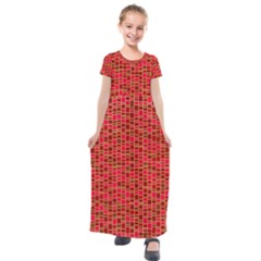 Geometry Background Red Rectangle Pattern Kids  Short Sleeve Maxi Dress by Ravend