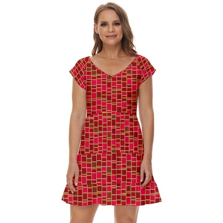 Geometry Background Red Rectangle Pattern Short Sleeve Tiered Mini Dress