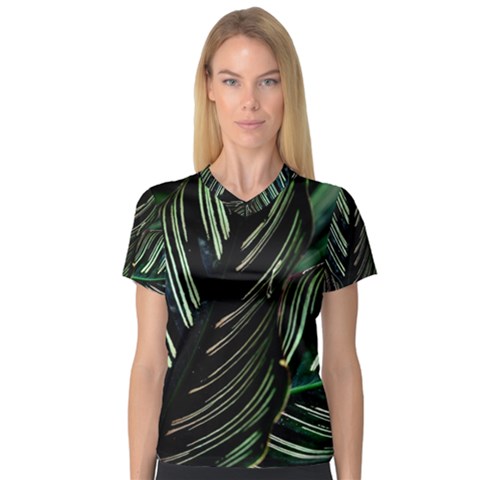 Calathea Leaves Strippe Line V-neck Sport Mesh T-shirt by Ravend