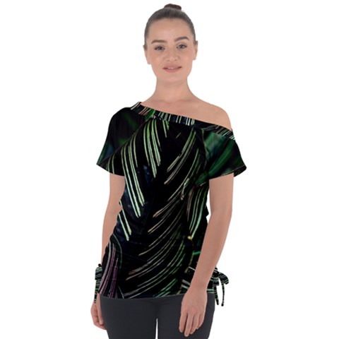 Calathea Leaves Strippe Line Off Shoulder Tie-up T-shirt by Ravend