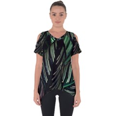 Calathea Leaves Strippe Line Cut Out Side Drop T-shirt by Ravend