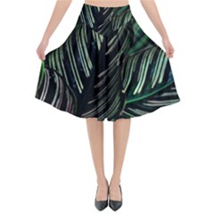 Calathea Leaves Strippe Line Flared Midi Skirt by Ravend