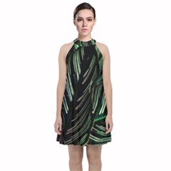 Calathea Leaves Strippe Line Velvet Halter Neckline Dress  by Ravend