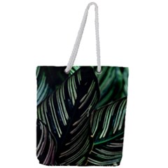 Calathea Leaves Strippe Line Full Print Rope Handle Tote (large) by Ravend