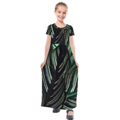 Calathea Leaves Strippe Line Kids  Short Sleeve Maxi Dress by Ravend