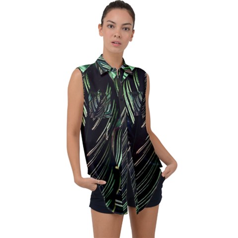 Calathea Leaves Strippe Line Sleeveless Chiffon Button Shirt by Ravend