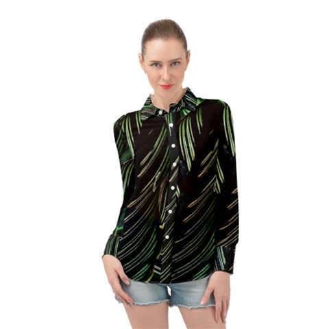 Calathea Leaves Strippe Line Long Sleeve Chiffon Shirt by Ravend