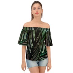 Calathea Leaves Strippe Line Off Shoulder Short Sleeve Top by Ravend