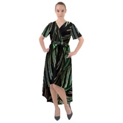 Calathea Leaves Strippe Line Front Wrap High Low Dress by Ravend