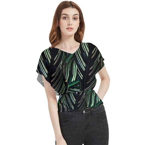 Calathea Leaves Strippe Line Butterfly Chiffon Blouse by Ravend