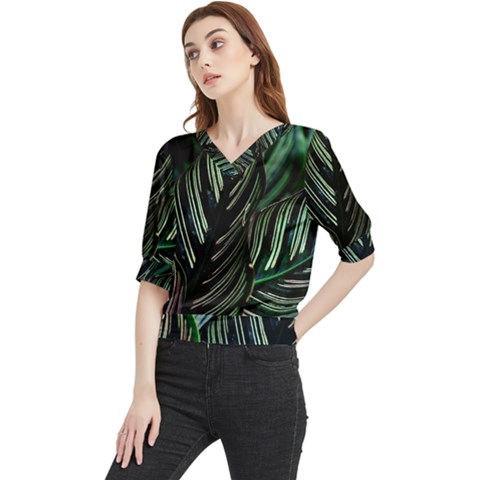 Calathea Leaves Strippe Line Quarter Sleeve Blouse by Ravend