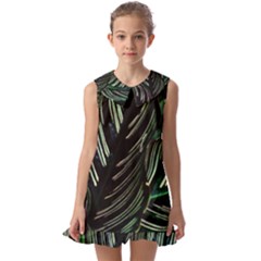 Calathea Leaves Strippe Line Kids  Pilgrim Collar Ruffle Hem Dress by Ravend