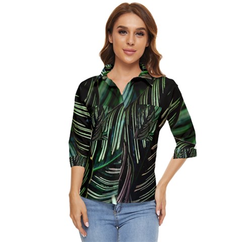 Calathea Leaves Strippe Line Women s Quarter Sleeve Pocket Shirt by Ravend