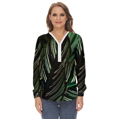 Calathea Leaves Strippe Line Zip Up Long Sleeve Blouse by Ravend