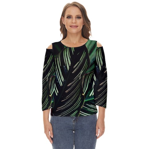 Calathea Leaves Strippe Line Cut Out Wide Sleeve Top by Ravend