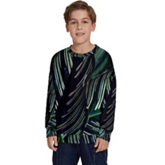 Calathea Leaves Strippe Line Kids  Crewneck Sweatshirt by Ravend