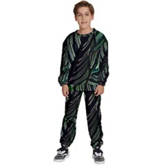 Calathea Leaves Strippe Line Kids  Sweatshirt Set by Ravend