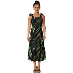 Calathea Leaves Strippe Line Tie-strap Tiered Midi Chiffon Dress by Ravend