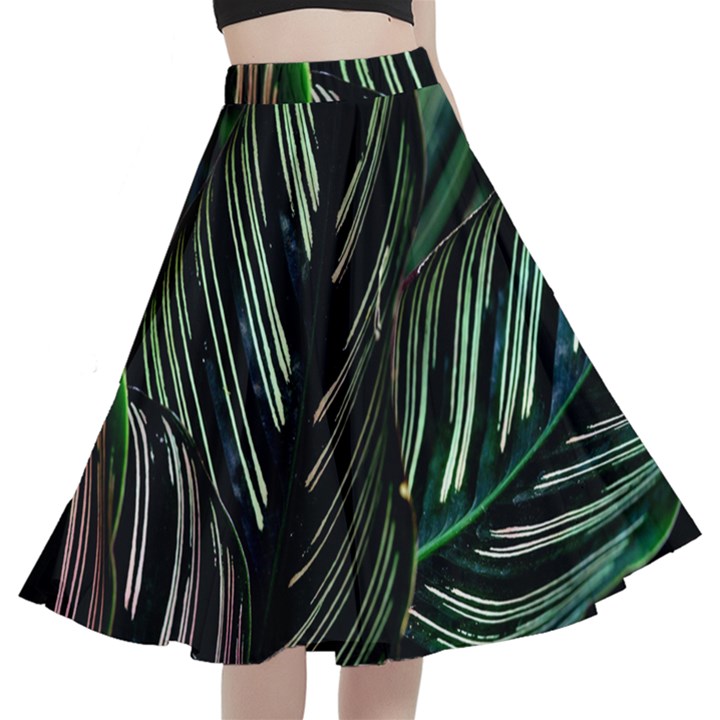 Calathea Leaves Strippe Line A-Line Full Circle Midi Skirt With Pocket