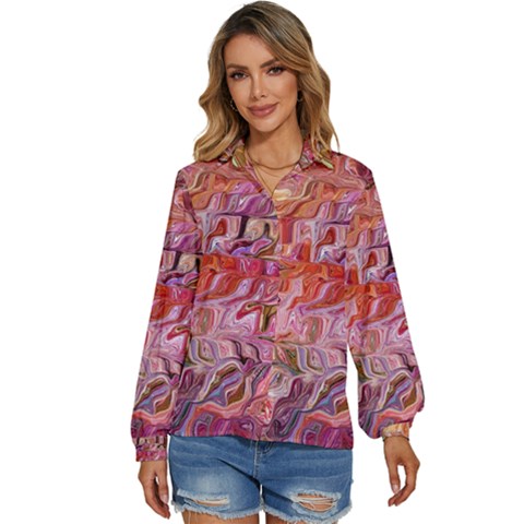 Abstract Crosscurrents Smudged Vibrance Women s Long Sleeve Button Up Shirt by kaleidomarblingart