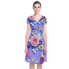 3d Flowers Pattern Flora Background Short Sleeve Front Wrap Dress by Bedest