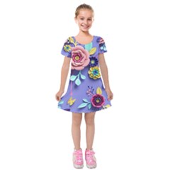 3d Flowers Pattern Flora Background Kids  Short Sleeve Velvet Dress