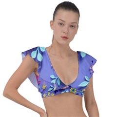 3d Flowers Pattern Flora Background Plunge Frill Sleeve Bikini Top