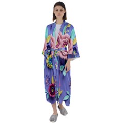 3d Flowers Pattern Flora Background Maxi Satin Kimono by Bedest