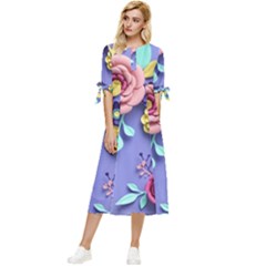 3d Flowers Pattern Flora Background Bow Sleeve Chiffon Midi Dress by Bedest