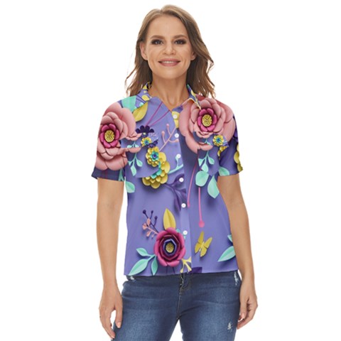 3d Flowers Pattern Flora Background Women s Short Sleeve Double Pocket Shirt by Bedest