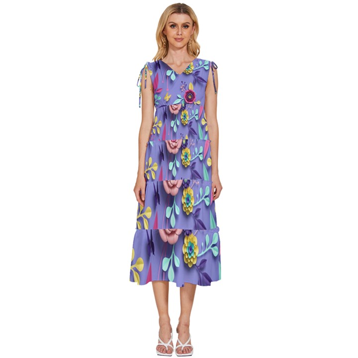 3d Flowers Pattern Flora Background V-Neck Drawstring Shoulder Sleeveless Maxi Dress