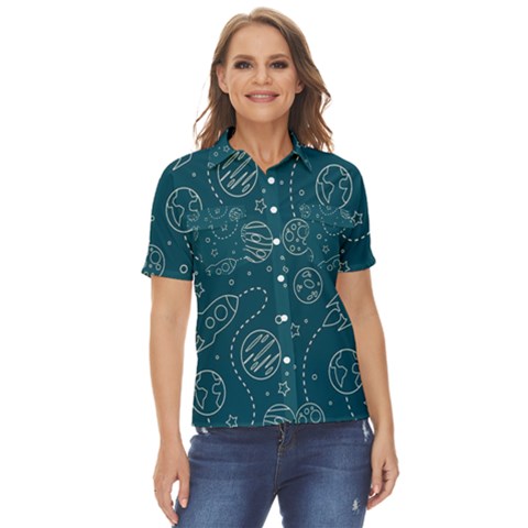 Space Seamless Pattern Women s Short Sleeve Double Pocket Shirt by Bedest