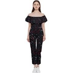 Abstract Dark Pattern Minimal Bardot Ruffle Jumpsuit by Bedest