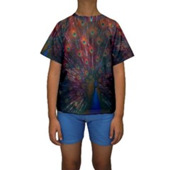 Peacock Feather Bird Kids  Short Sleeve Swimwear by Bedest