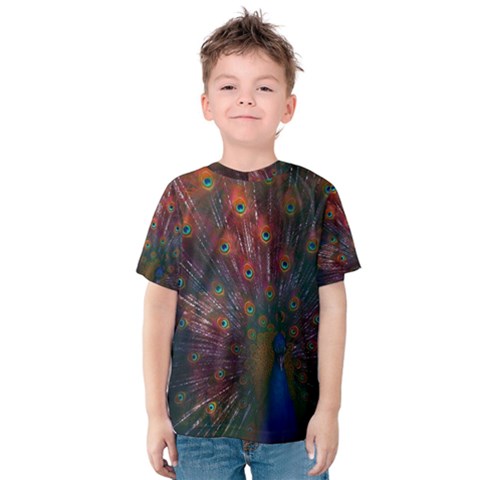 Peacock Feather Bird Kids  Cotton T-shirt by Bedest