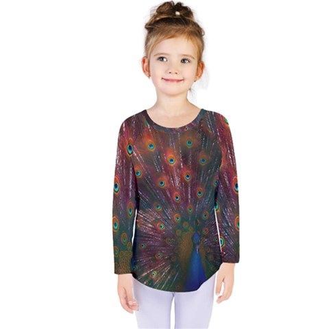 Peacock Feather Bird Kids  Long Sleeve T-shirt by Bedest